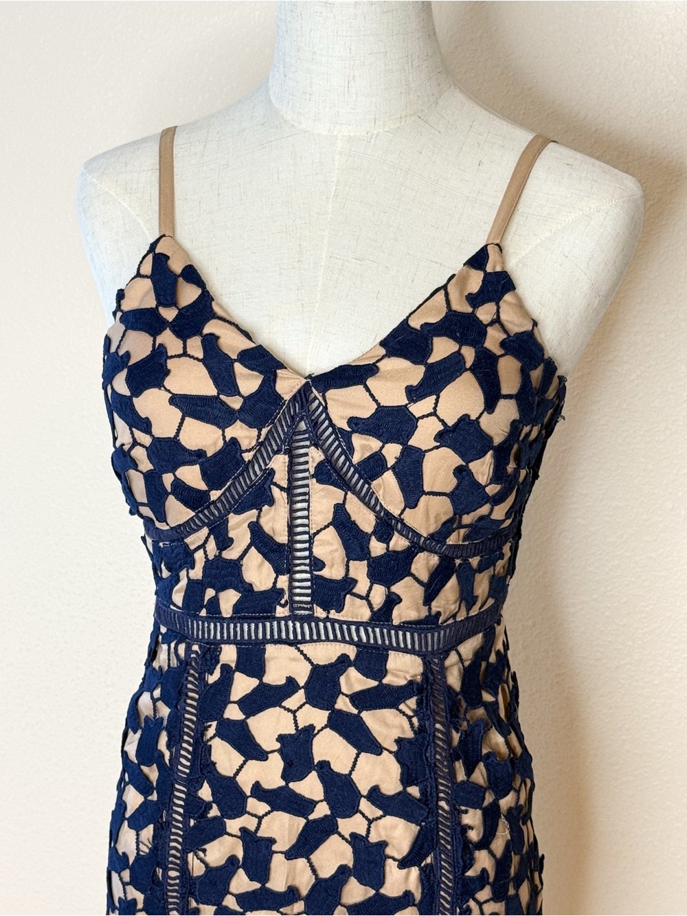 Navy Blue Lace Sheath Midi Dress Nude Lining Crochet Trim Self-Portrait inspired